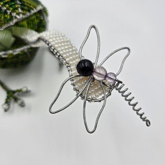 Beaded Frog With Dragonfly Figurine Wire Bead Art Freestanding Toad Bug Read - Picture 4 of 12